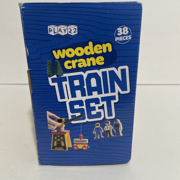 Wooden Crane Train Set Track Cars Working Crane Traffic Cones Trees 38 Pieces - Picture 2 of 6